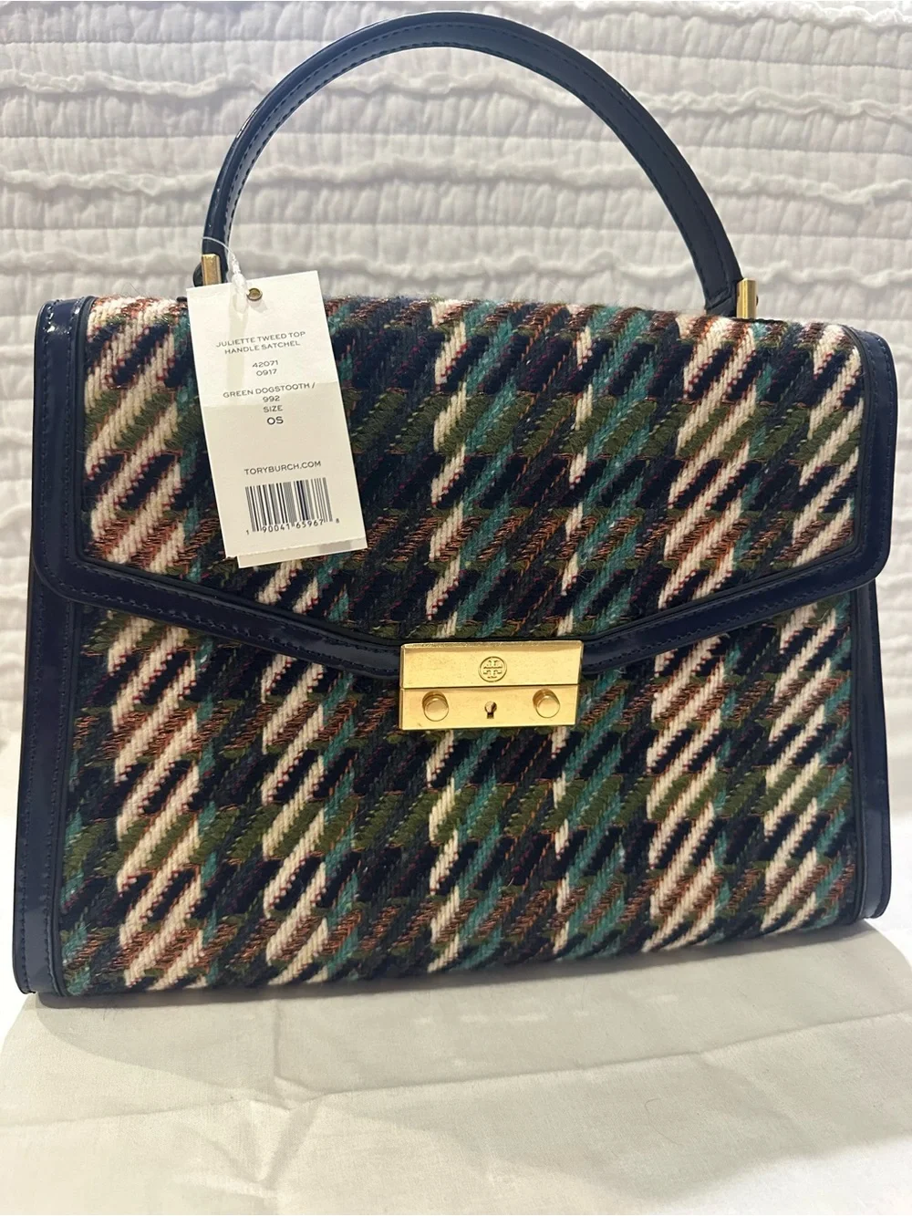 Tory Burch Miller Riding Boot & Purse Navy/Green Dogtooth Tweed Size 7 (SET)